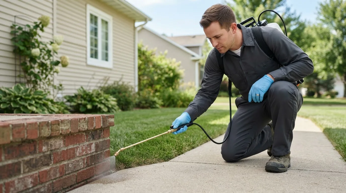 Pest control technician treating a home near Bremen, IN